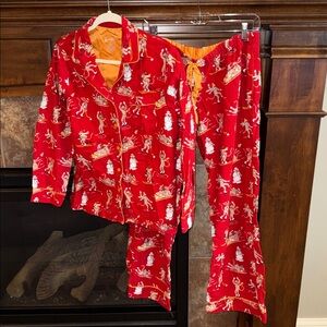Nick & Nora adorable sock monkey winter downhill ski flannel pajama PJ set Med